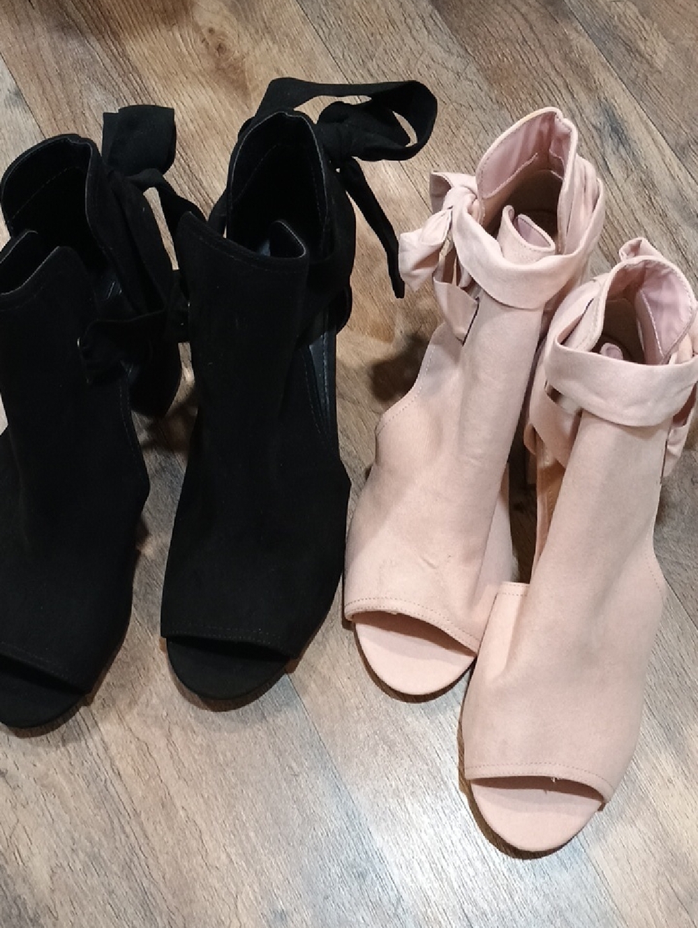 JustFab Open-Toe Ankle Booties with Back Tie — Black & Blush